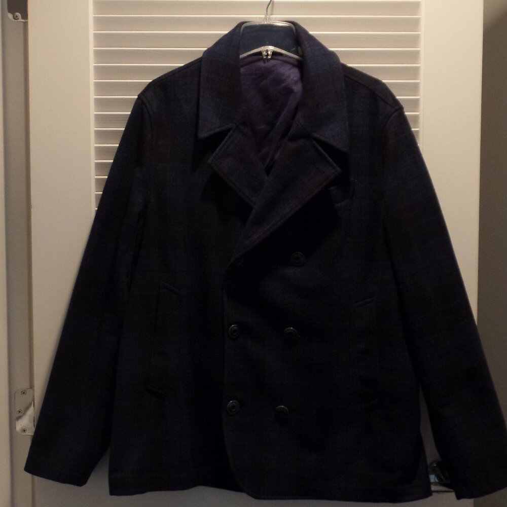 ROBERT GRAHAM Navy Plaid Men's Peacoat - Double-Breasted - XL